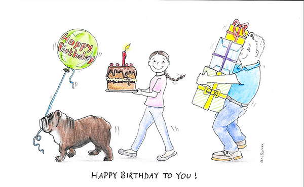 Mel Barren original happy birthday cartoon card of British bulldog, girl and dad