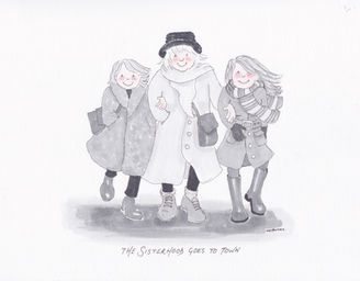 original illustration of three women in their coats and warm clothes