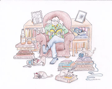 Illustration by Mel Barren of a middle aged man in a cosy armchair. He is reading and there are lots of books and cats in the room.