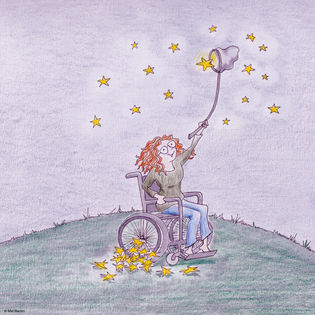 illustration by Mel Barren. of a woman in a wheelchair. She is on a hill and is scooping stars from the sky with a fishing net on a pole. The title is "Reach for the stars"