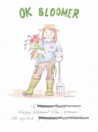 Original illustration by Mel Barren titled "Ok Bloomer". A woman in gardening clothes is holding a bunch of garden flowers and leaning on a garden fork.