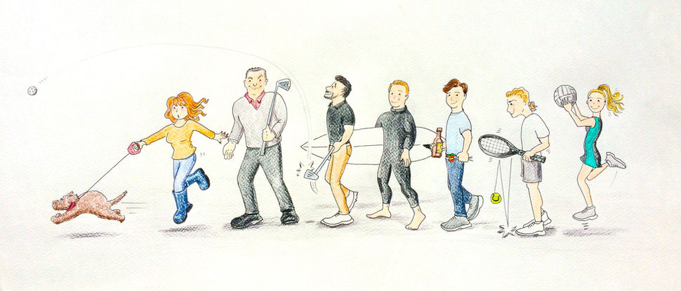 illustration of a blended family of mother, father, four sons, a daughter and a dog. They are all doing different sports.
