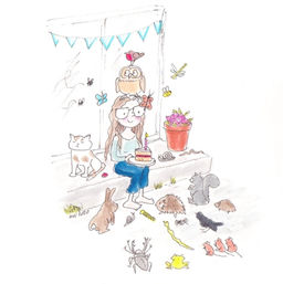 illustration of a girl with a slice of birthday cake. She is surrounded by small animals and insects.