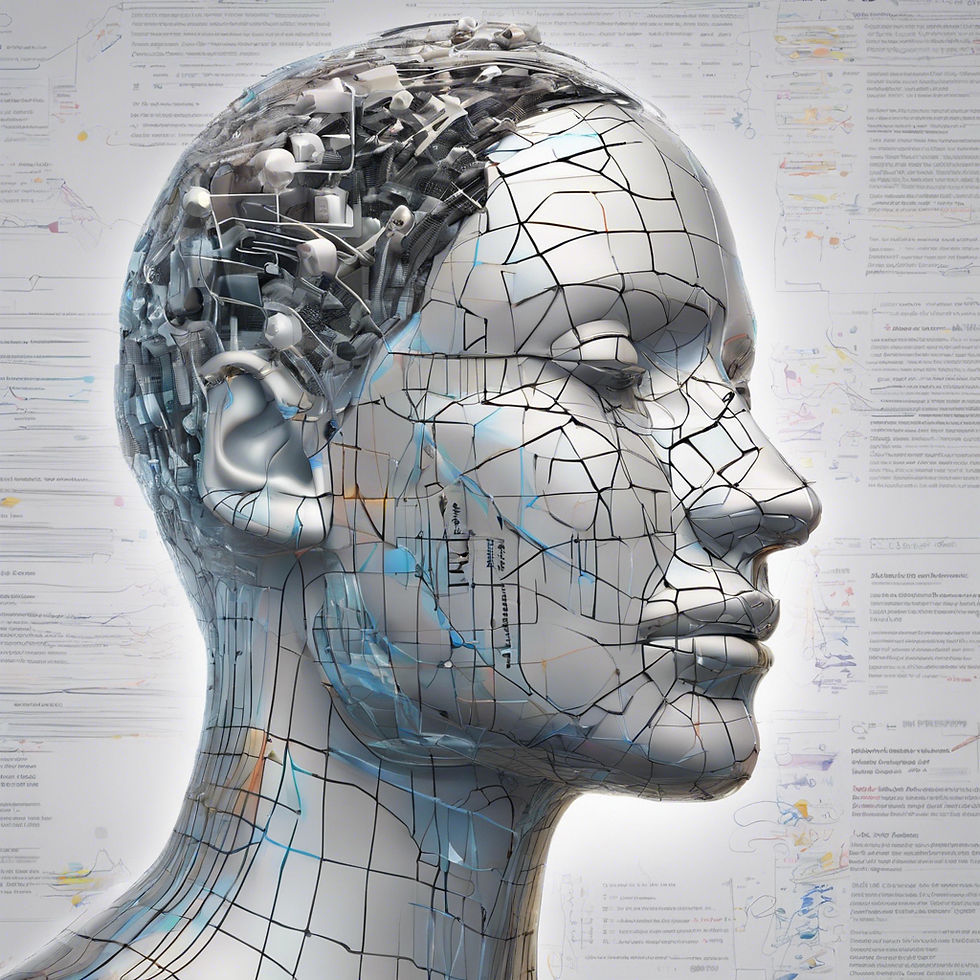 A conceptual digital artwork titled "ARTESEROSTEK Imagination," featuring a futuristic, fragmented humanoid head composed of interconnected mechanical and organic elements, illustrating the fusion of technology and human creativity.