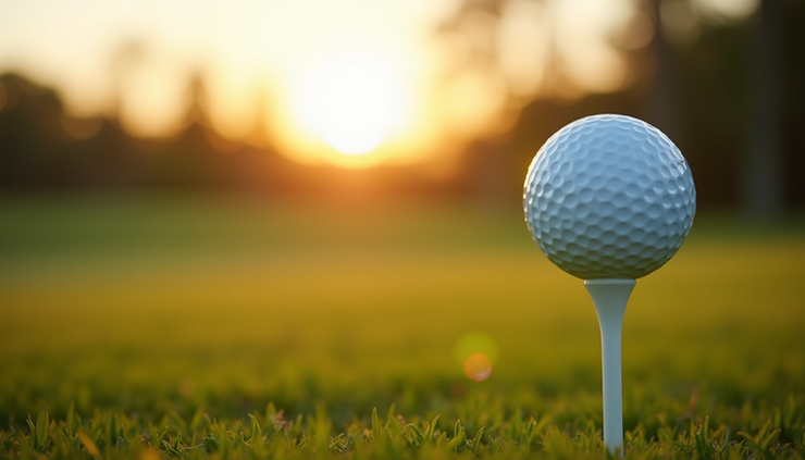 Close-up view of a golf ball on the tee with a scenic course background