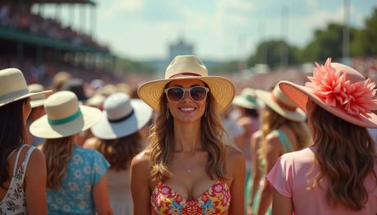 High angle view of a crowd wearing elaborate hats at the Kentucky Derby