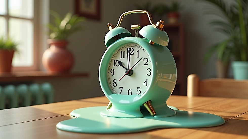 Close-up view of a melting clock on a table