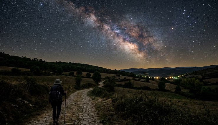 Wide-angle view of a pilgrim walking beneath the Milky Way on the Camino
