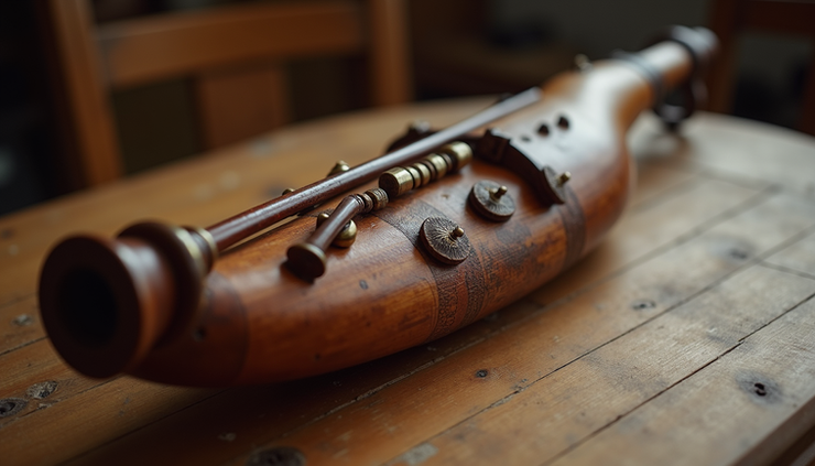 Close-up view of a traditional Galician gaita (bagpipe) resting on a wooden table