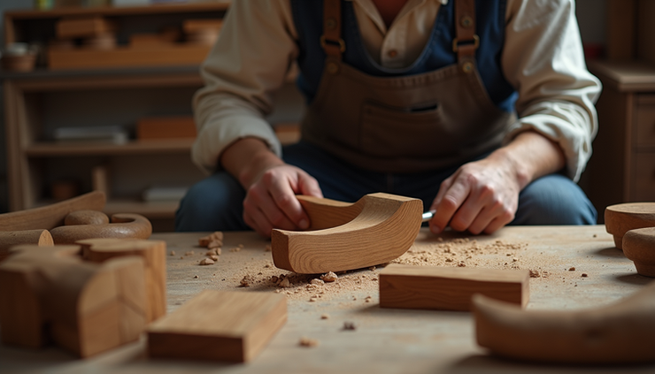 High angle view of a Segovian artisan carving wooden Tabas pieces