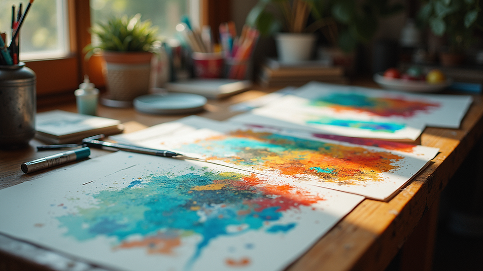 High angle view of an artist's desk with layered artworks and vibrant paint supplies
