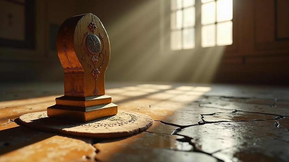 Eye-level view of an ancient oracle artifact immersed in natural light
