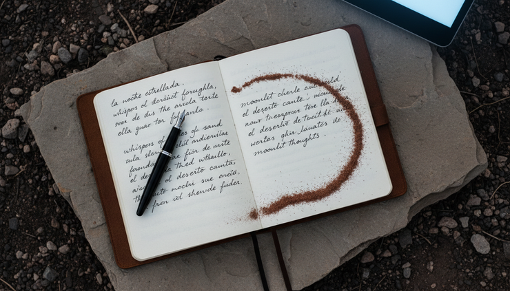 Overhead view of a handwritten notebook on a stone surface with a single pen and desert dust.