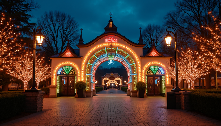Wide angle view of Denver Zoo entrance decorated with colorful Christmas lights