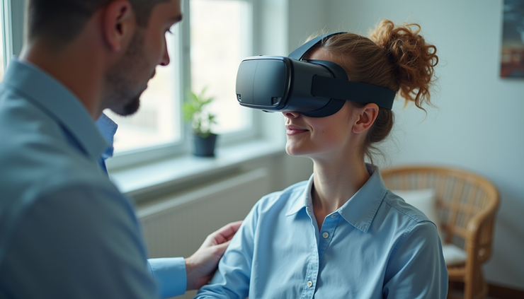 High angle view of a therapist using virtual reality headset for patient rehabilitation
