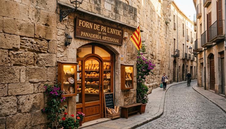 Wide-angle view of a small Mediterranean bakery entrance near ancient Roman stone walls.