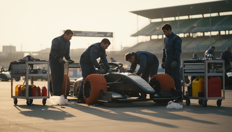 Eye-level view of mechanics preparing a race car in the paddock