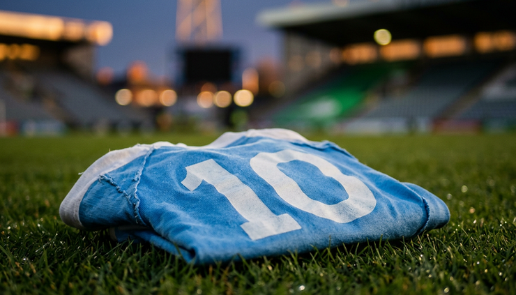 Close-up view of a sky-blue and white number 10 shirt resting on grass.