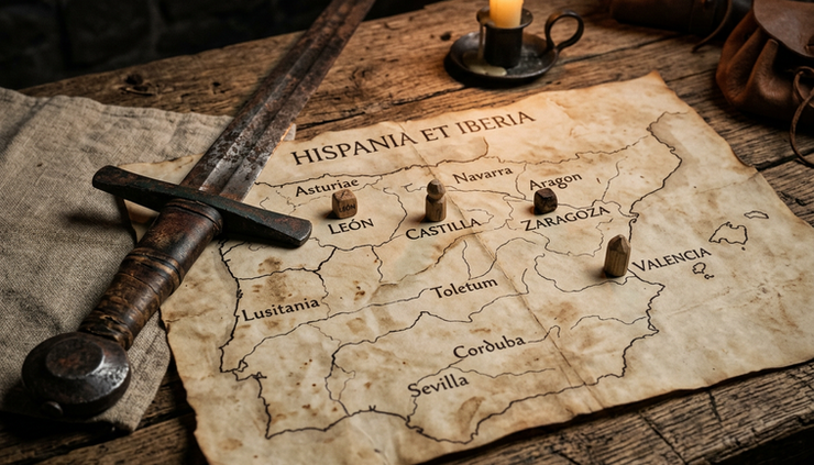 Close-up of a weathered medieval sword resting beside a parchment map of Iberia.