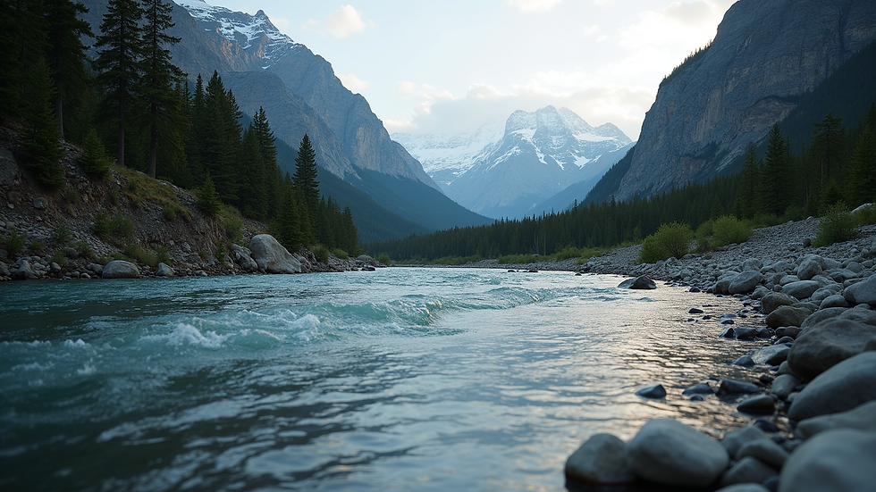 Eye-level view of a tranquil river winding through the Rocky Mountains