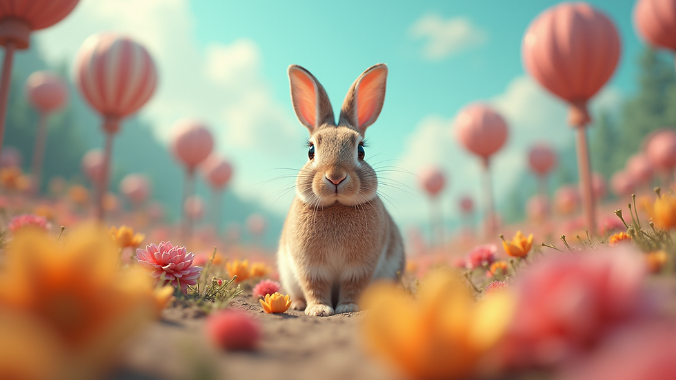 Eye-level view of a surreal rabbit in a dreamlike landscape