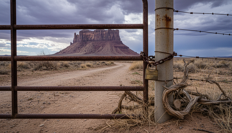 Low-angle view of a locked metal gate on an empty desert track.