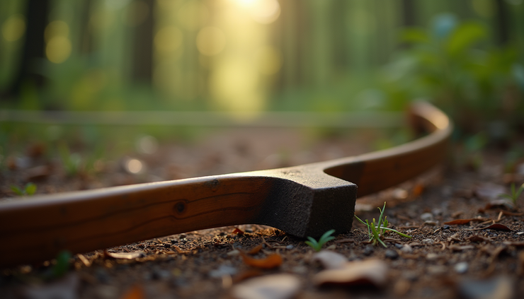 Close-up view of a traditional wooden bow resting on a forest floor