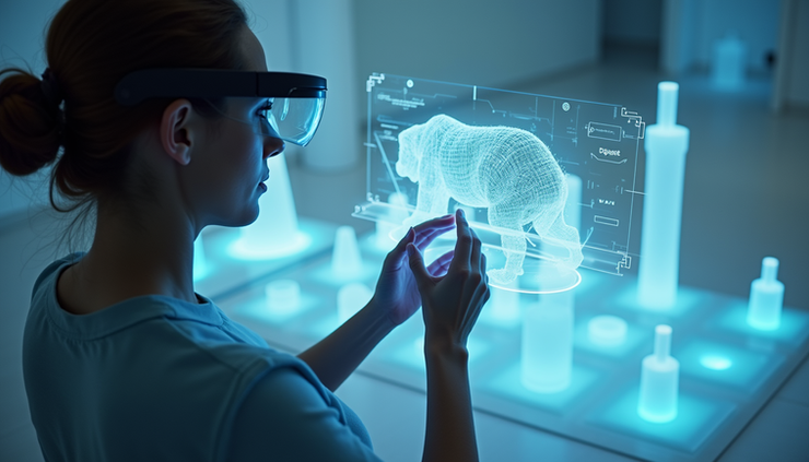 High angle view of a designer using RayBan Meta AI glasses to interact with a 3D model in a virtual space
