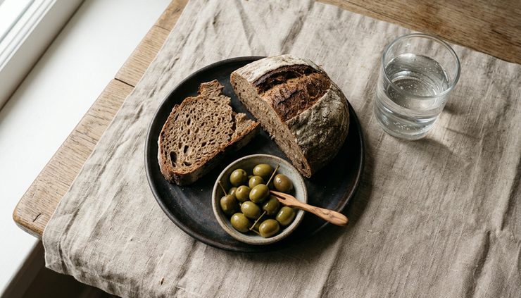 Overhead view of a simple meal of bread, olives, and water on a linen cloth.