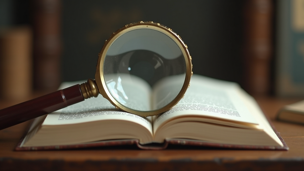 Close-up view of a vintage magnifying glass resting on an open book