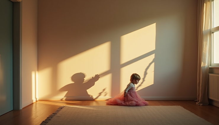 Eye-level view of a child's room with shadows forming surreal shapes on the walls