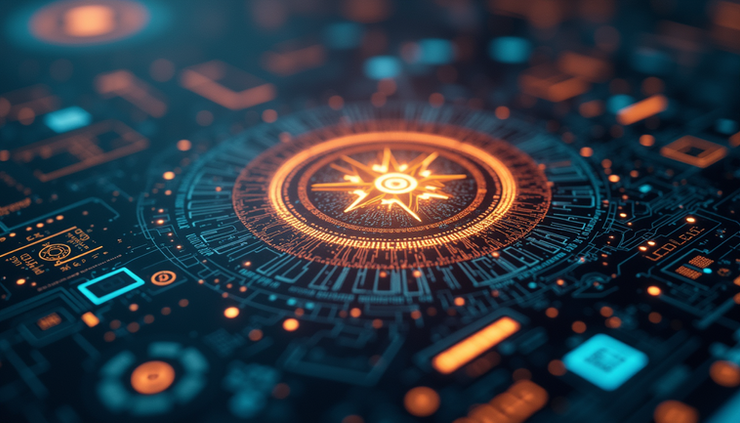 Eye-level view of a futuristic AI interface with mythological symbols