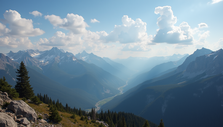 Vista panorámica desde un ángulo alto de las montañas rocosas en Colorado con cielos amplios y nubes dispersas
