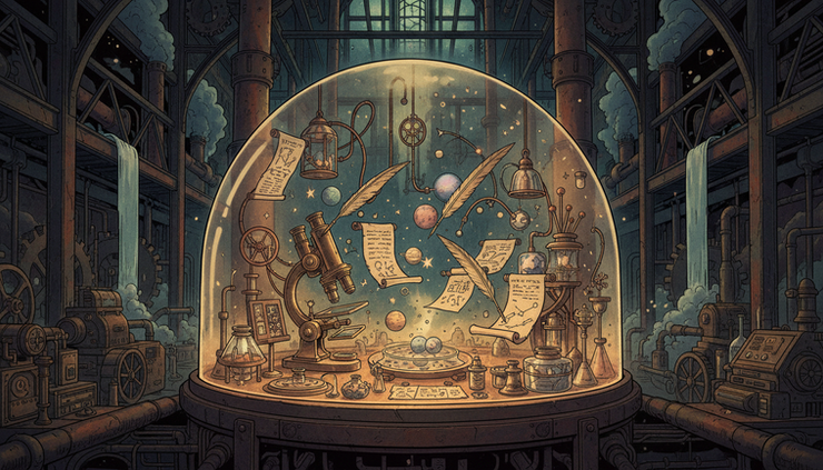 Wide-angle view of a miniature glowing workshop filled with strange creative machines and tiny world models