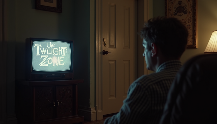 Eye-level view of a vintage television set displaying The Twilight Zone opening scene