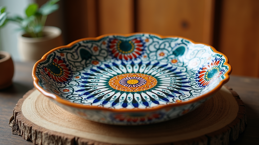 High angle view of a Talavera ceramic piece, showcasing intricate traditional patterns