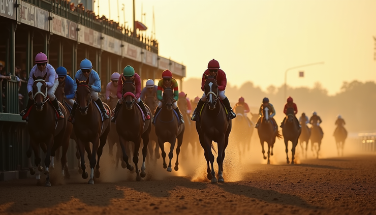 Eye-level view of the Kentucky Derby racetrack with horses lined up at the starting gate