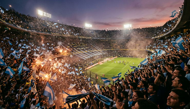 Wide-angle view of a packed football stadium in Buenos Aires under evening lights.