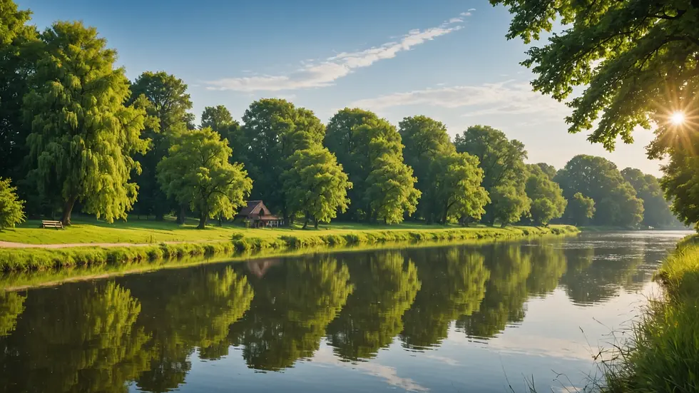 Eye-level view of a quiet riverside, creating a sense of peace and inspiration.