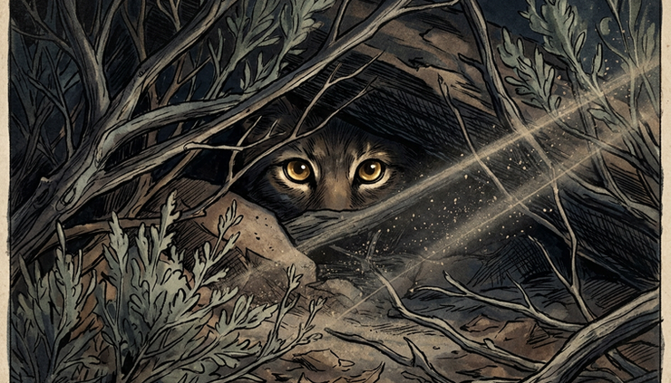 Close-up view of glowing eyes beyond a line of sagebrush at night.