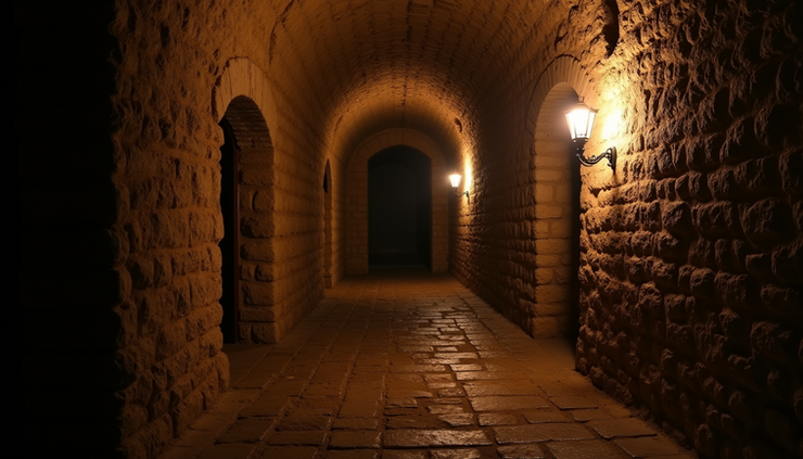 Eye-level view of a shadowed stone corridor in a Spanish dungeon