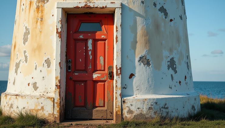 Close-up view of a weathered lighthouse door with peeling paint and rusted hinges