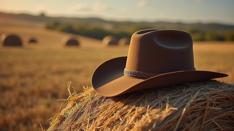 High angle view of a cowboy hat on a hay bale