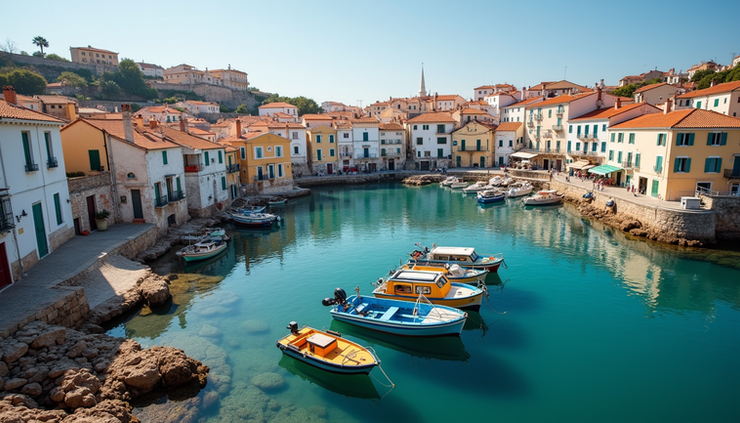 High angle view of a Galician coastal fishing village with colorful boats docked