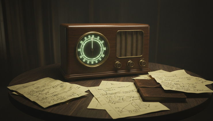 Close-up view of an old radio receiver glowing in a dark room.