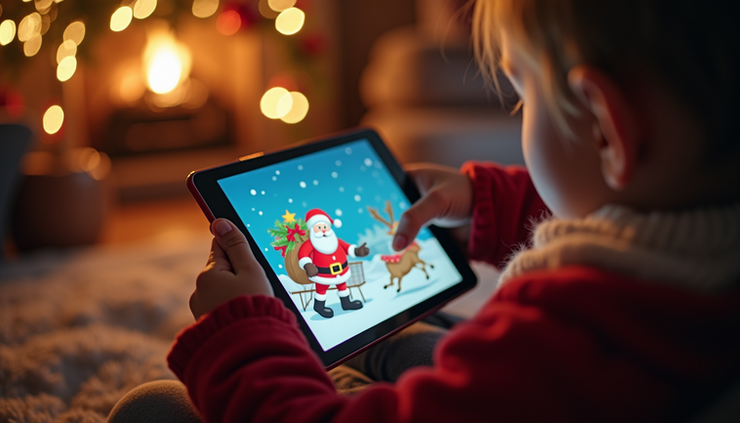 Close-up view of a child interacting with a tablet showing NORAD Santa Tracker games