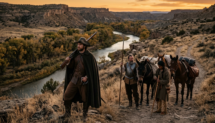 Wide-angle view of a small Spanish party approaching a river canyon at dusk