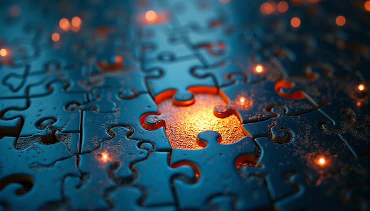 High angle view of a completed live jigsaw puzzle displaying a glowing mythical scene