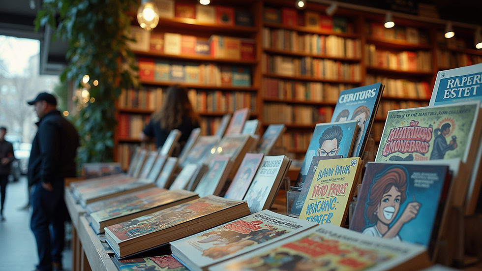 Eye-level view of a vibrant bookstall showcasing a mix of comics and novels