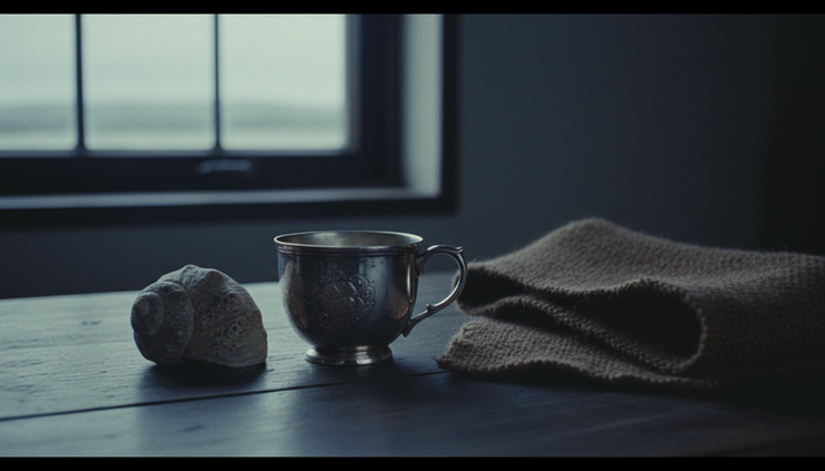 Close-up view of a silver teacup beside a seashell on a dark wooden table.